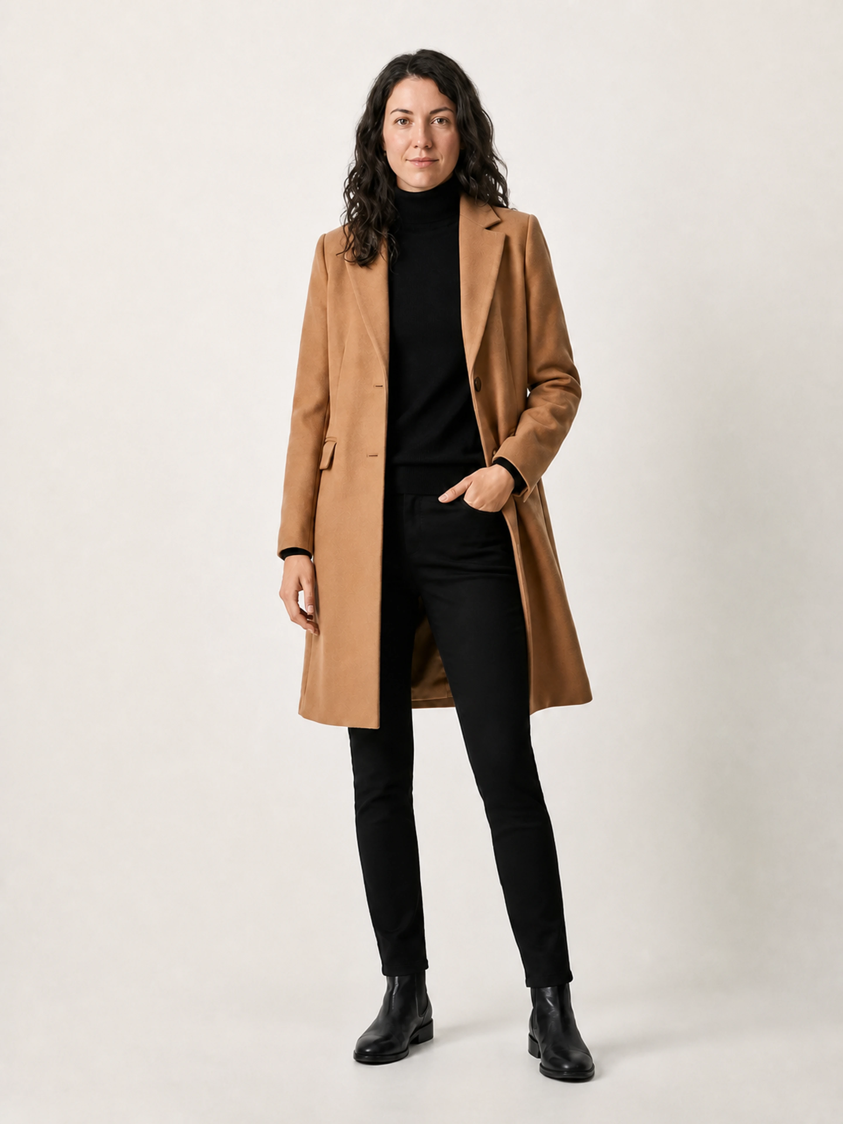 The shop's photograph with the shopper wearing the coat